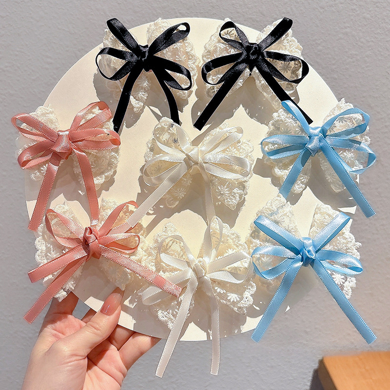 Travel Accessories Designer - 2 個エレガントなレースの弓ヘアピン女性のファッション赤いリボン白花柄旅行カジュアルヘアアクセサリーエレガントなヘアクリップ