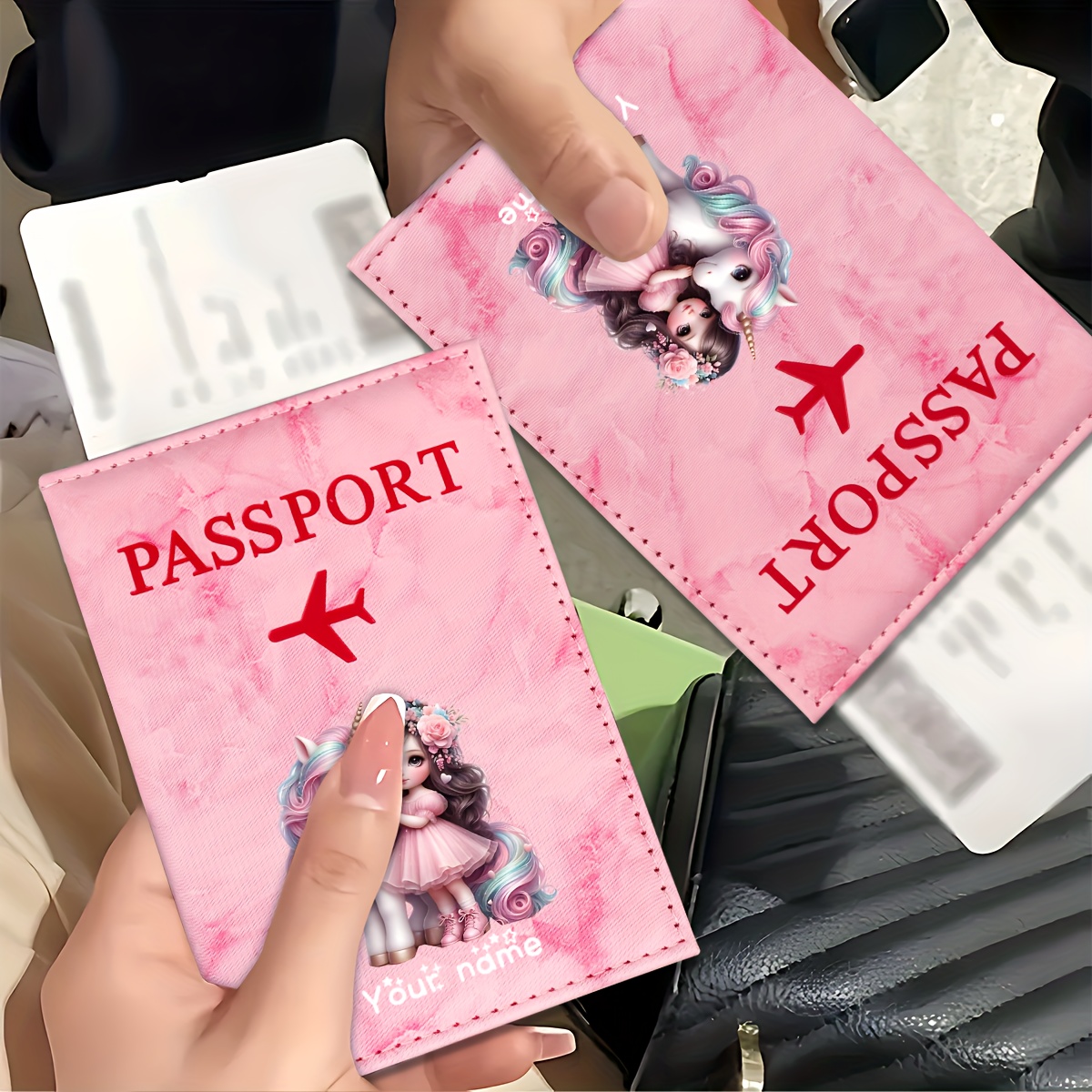Travel Accessories For Plane - ユニコーンガールパターン PU パスポートホルダー ゴールデン飛行機アイコン付き カードスロット トラベルウォレット