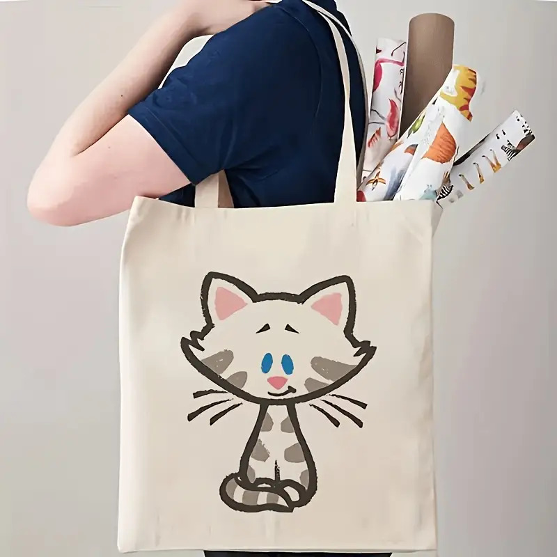 Travel Accessories Designer - 1ピース片面大容量折りたたみトートバッグ、かわいい猫柄付き--耐久性のあるポリエステル繊維製、旅行、ピクニック、パーティーに最適、洗濯機で洗えます、ベージュの高品質ギフトアイテム、シンプルなショルダーストラップデザイン、カジュアルな旅行用アクセサリー | 楽しいデザイン | 頑丈なハンドル