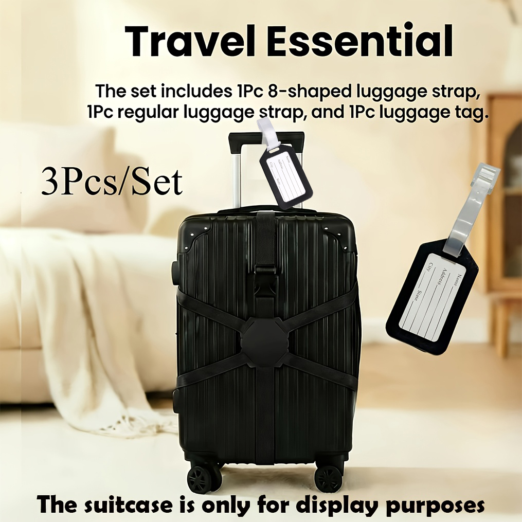Travel Accessories Designer - 3点セット（荷物ストラップ2本と荷物タグ1個）、8字型デザインの旅行用荷物パッキングストラップ、スーツケースに最適、滑り止め弾性バンジーコード、タイストラップ、搭乗用ハングタグ、紛失防止識別タグ