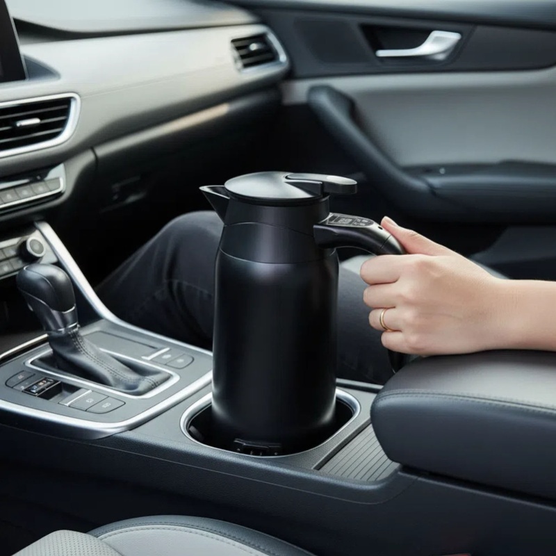 Portable Travel Kettle - 携帯用車載電気ケトル 800ml 304ステンレス鋼 二重構造 デジタルディスプレイ ブラック