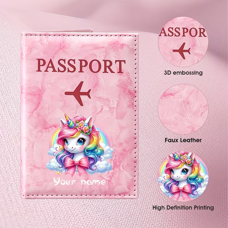Travel Accessories Personalised - パーソナライズされた名前入りカスタムPUパスポートホルダー、虹雲のユニコーンイラストが特徴で、夢のようなロマンチックな旅行に最適です。