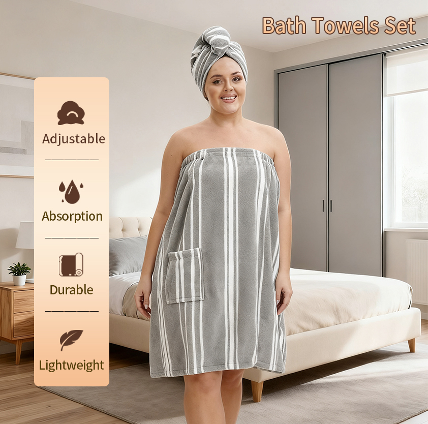 Travel Towel Quick Dry - 高級ストライプ柄ウェアラブルバスタオルドレス - 速乾性、超吸収性、柔らかいポリエステル素材、自宅や旅行に最適