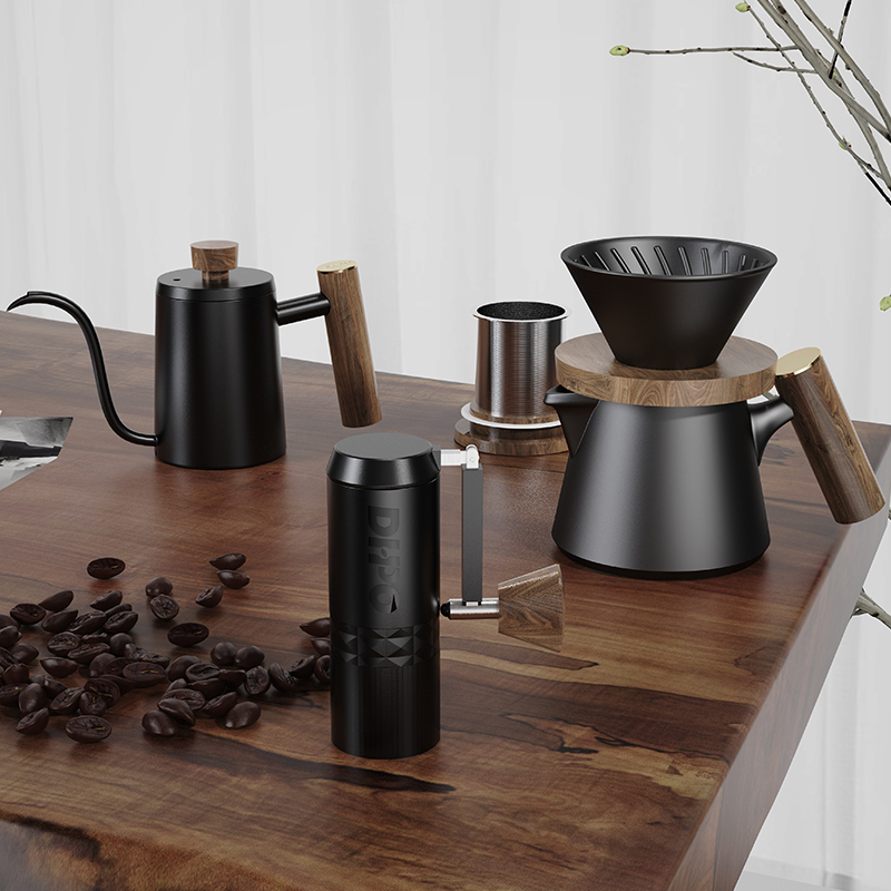 Portable Travel Kettle - DHPO 高級コーヒーキットセット、二重層コーヒーカップ、手動グラインダー、ドリップケトル、携帯用トラベルコーヒードリップセット