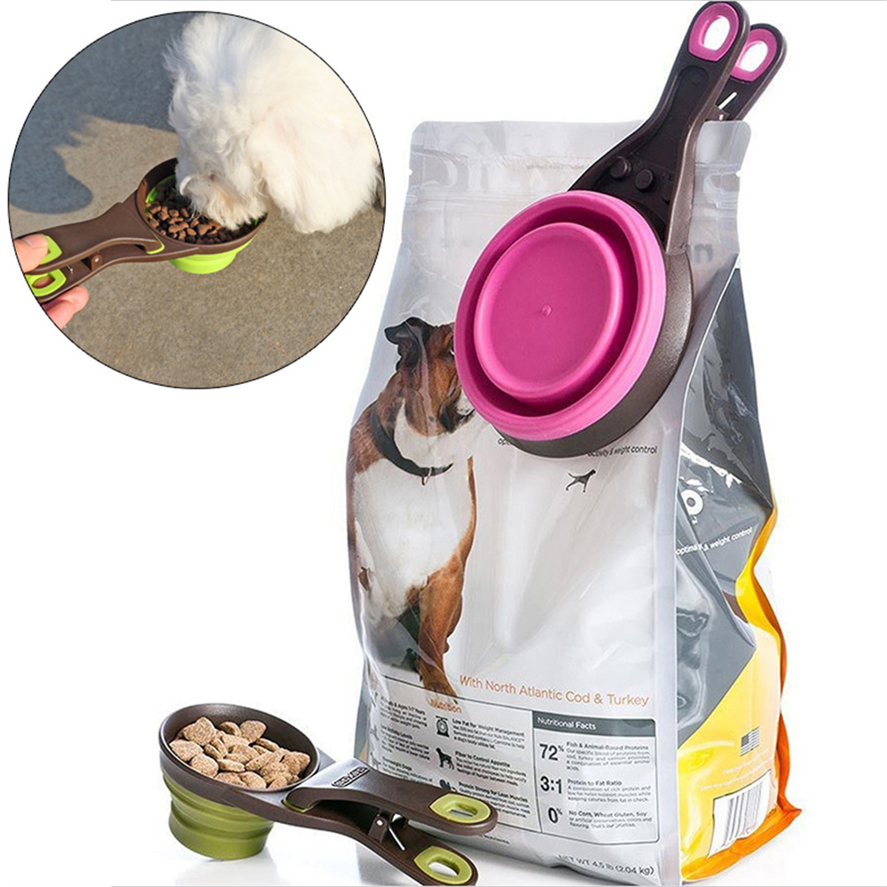 Travel Accessories Dog - 携帯用折りたたみ式シリコンペットフードスクープ計量カップ、バッグクリップシーラー付き、3サイズ、犬猫用キブルスプーン、旅行用ペットフィーダーボウル