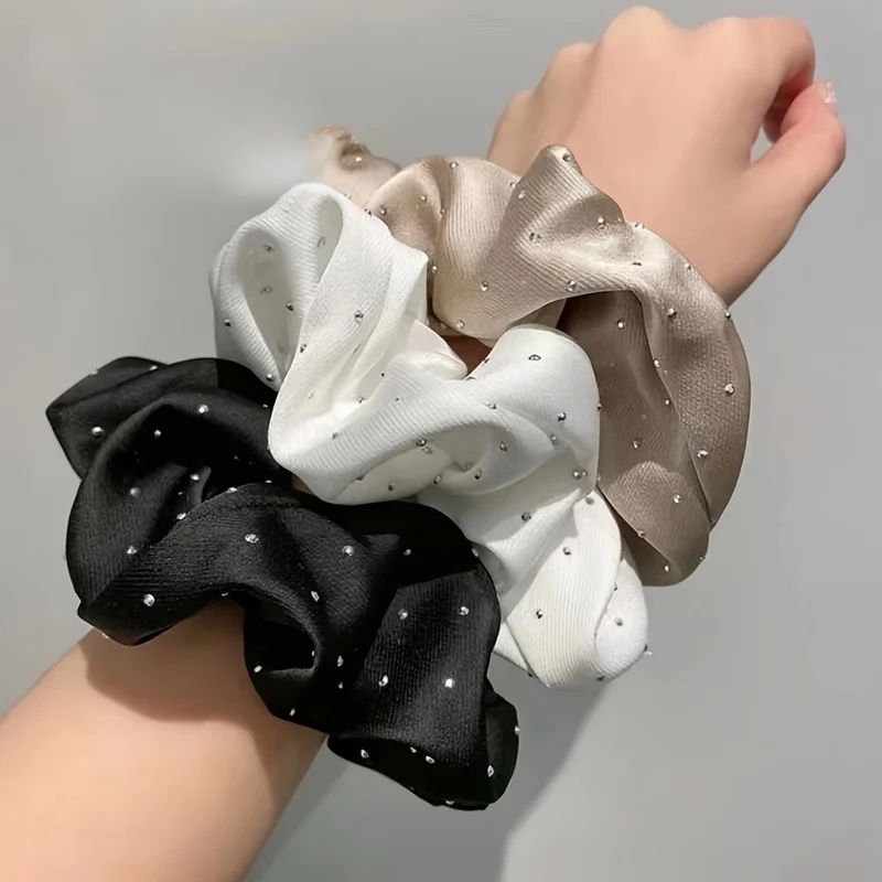 Travel Accessories Comfort - 1/3個入りサテンシュシュ、ラインストーン装飾付き - 柔らかく快適なヘアゴム、ポニーテールやヘアアクセサリーに最適